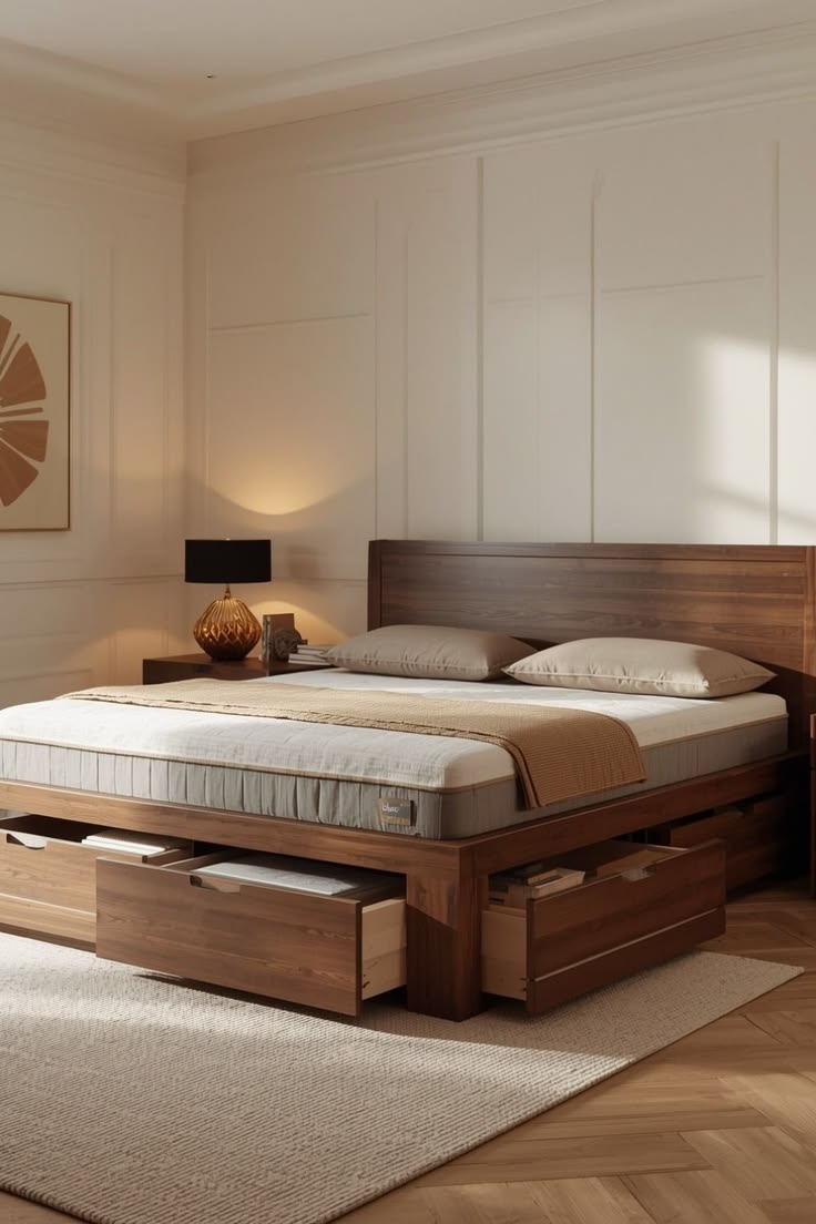 Wooden queen size bed with storage