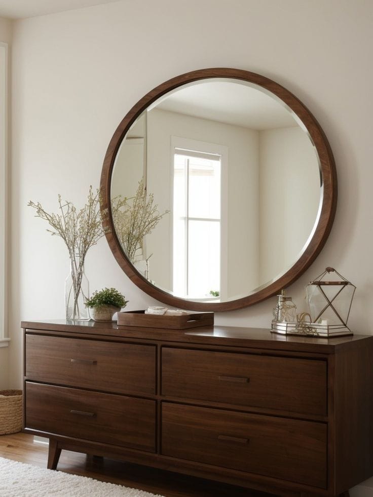 Walnut Dresser with Round Mirror