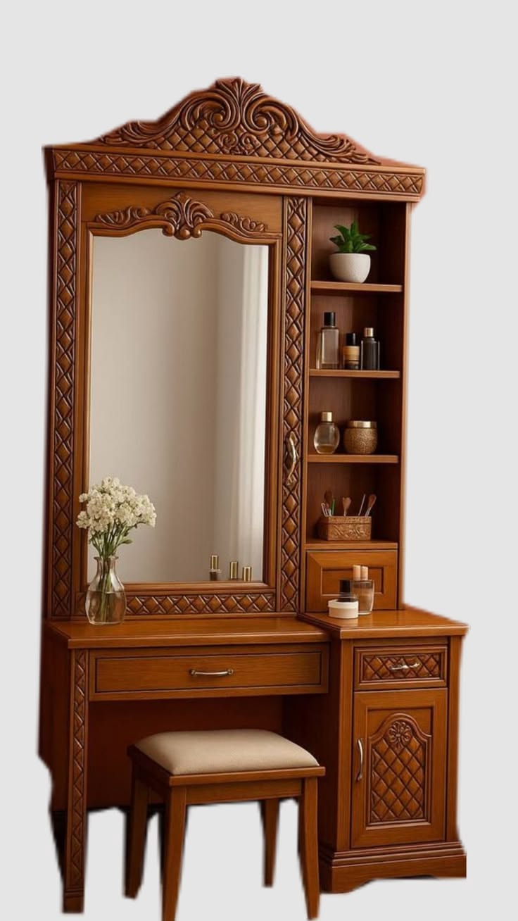 Carved Wood Vanity Set with Stool