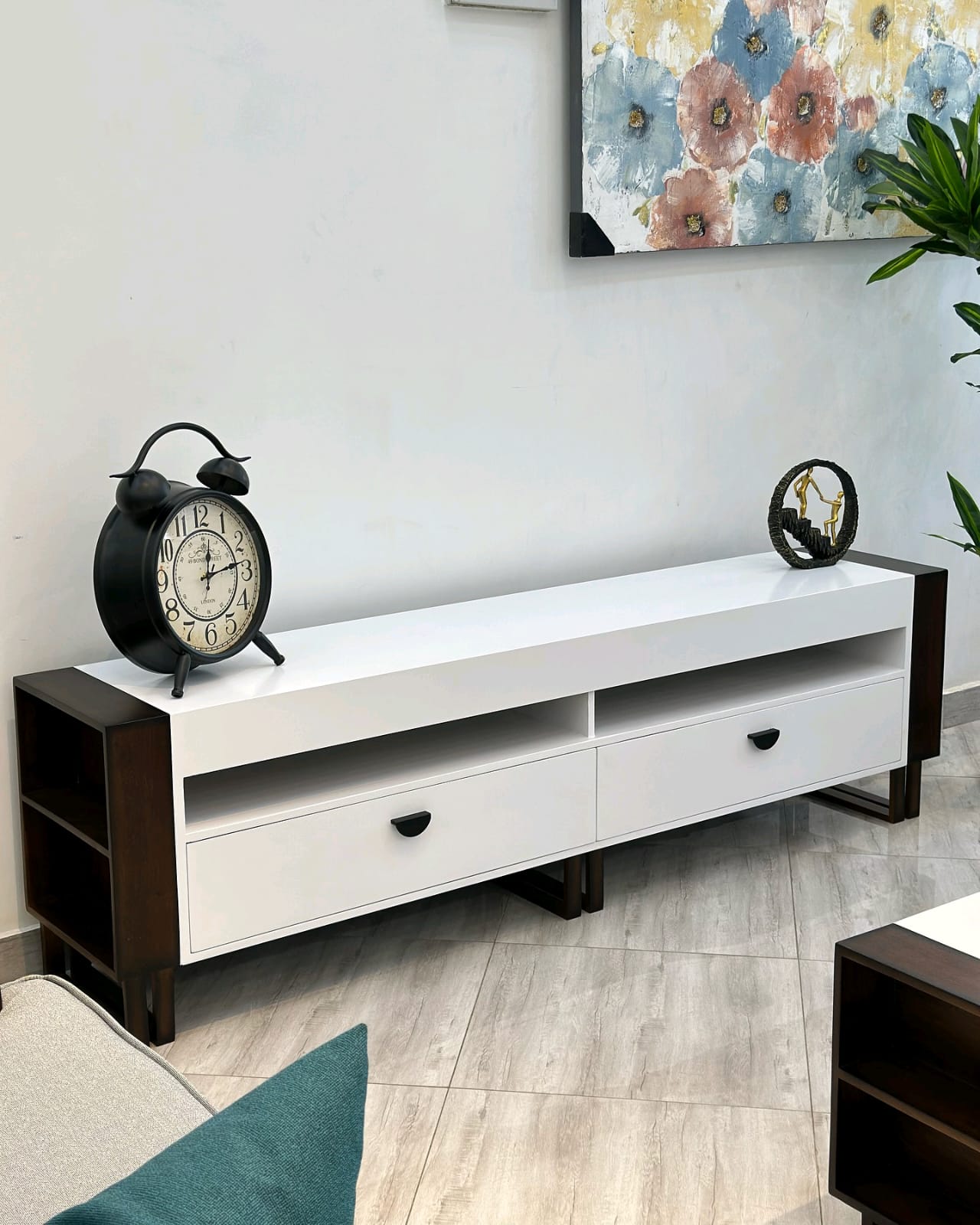 White & Walnut Open-Shelf TV Unit